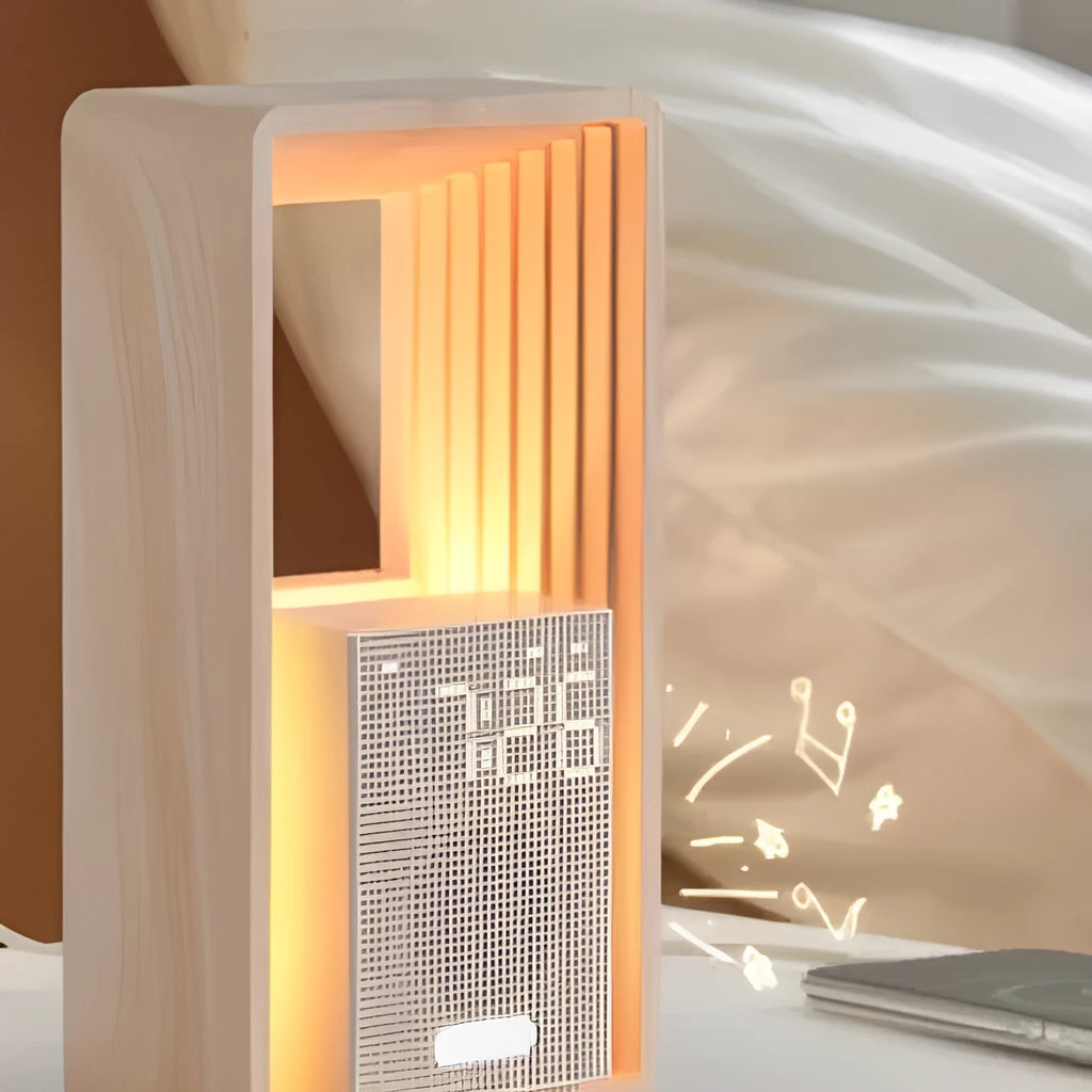 Sunrise wake-up alarm clock with white noise and night light, wood grain shell, geometric design, 110x74x217mm