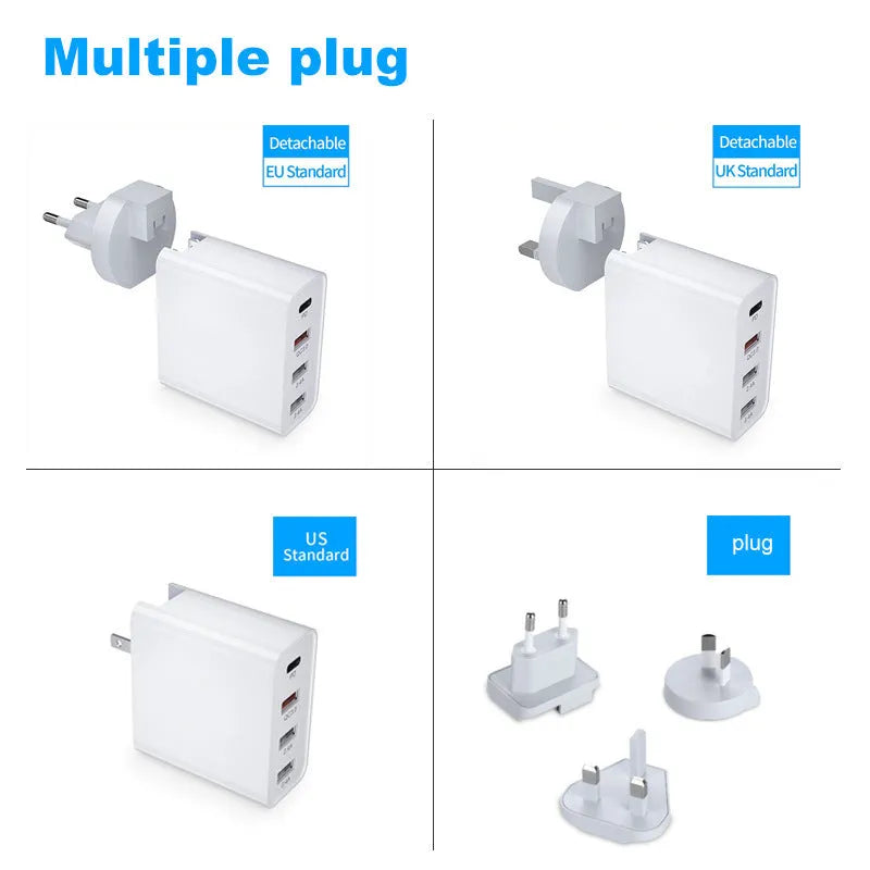 White multi-port USB fast charger with UK plug showing PD and QC ports on a table.