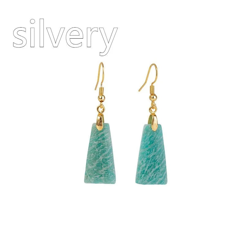 Geometric trapezoid earrings with amazonite rough stone in gold finish