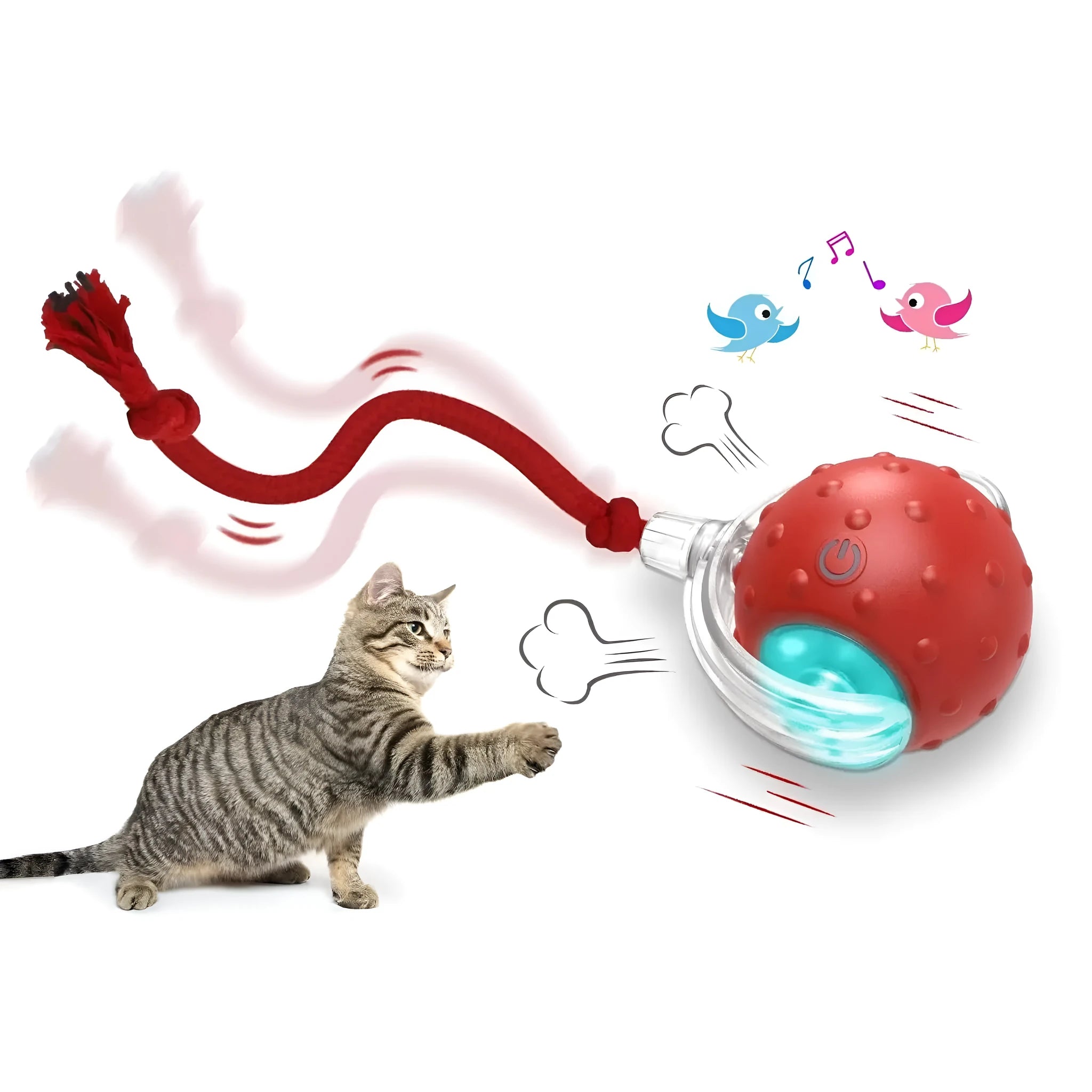 Interactive electronic cat toy ball with coloured lights on grey, green, and red backgrounds.