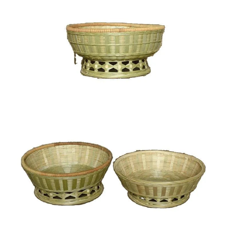 Handmade bamboo storage basket in woven construction showing three size options