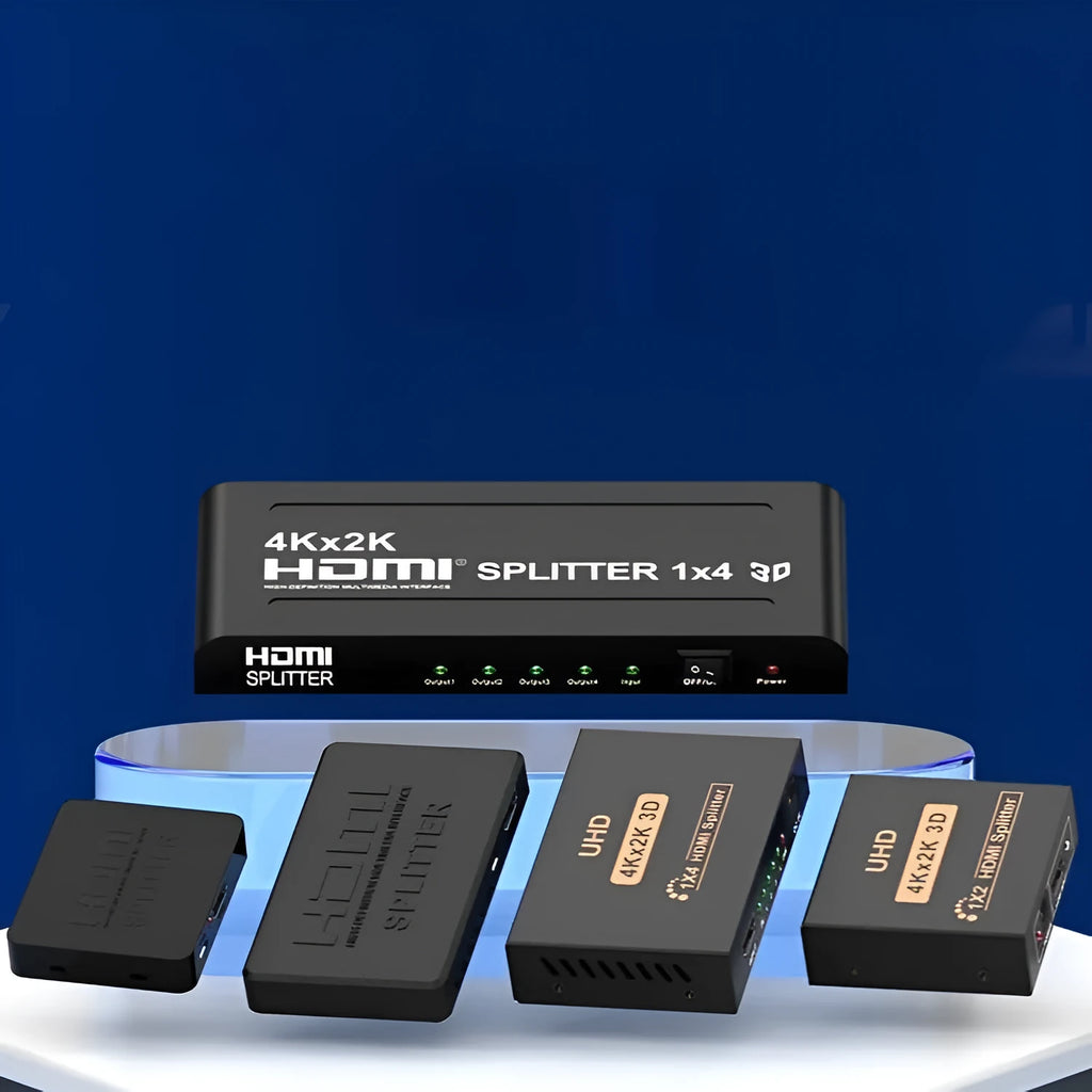 4K HDMI 1x2 splitter device with multiple power plugs including US and EU standards