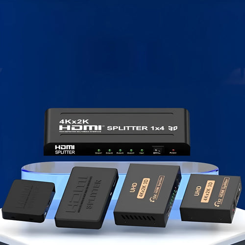 4K HDMI 1x2 splitter device with multiple power plugs including US and EU standards