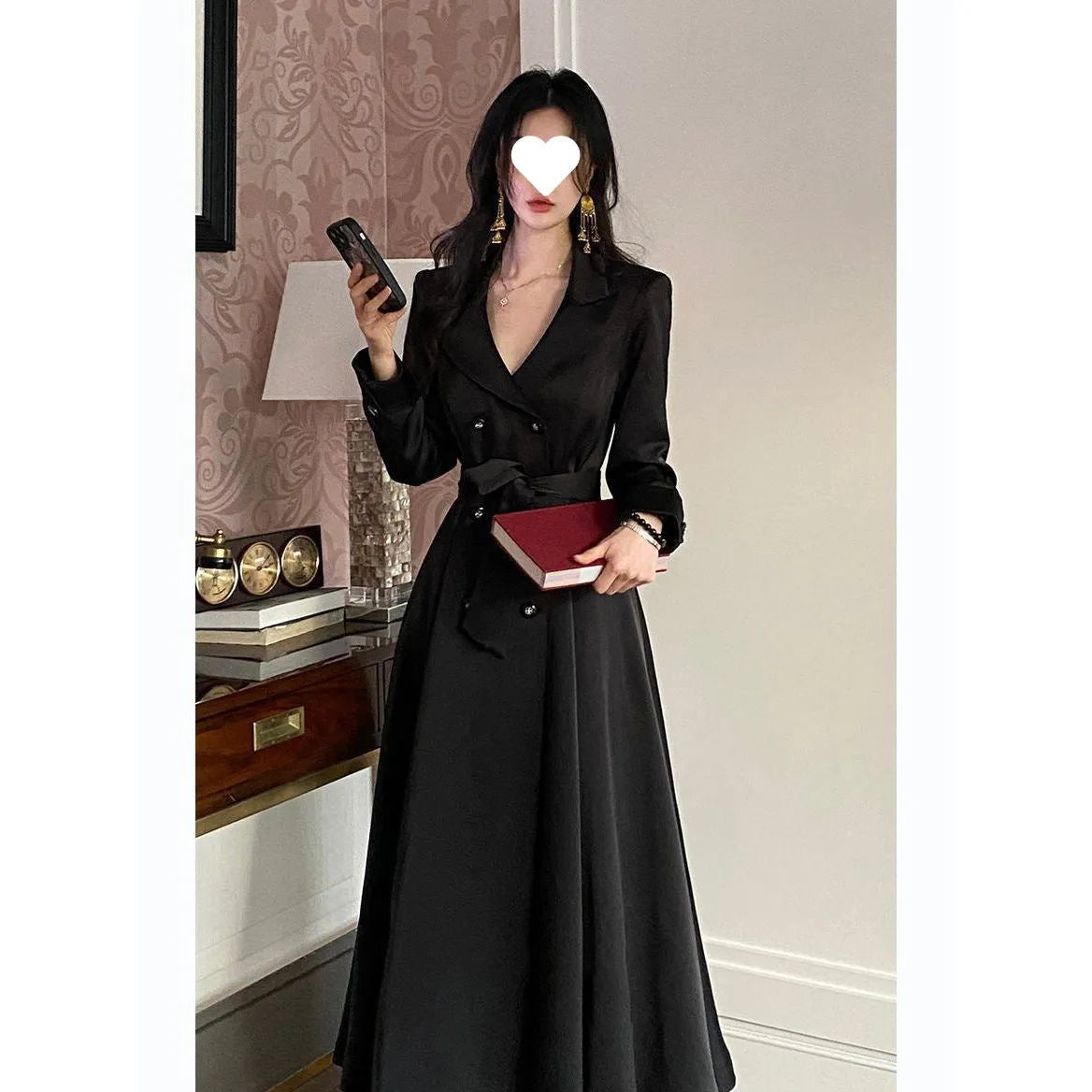 Black retro double-breasted long coat with waist control, polyester fibre, long sleeves