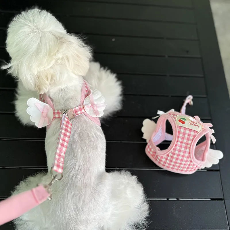 Pink and black cotton chest-back harness with integrated hand-holding rope for small dogs