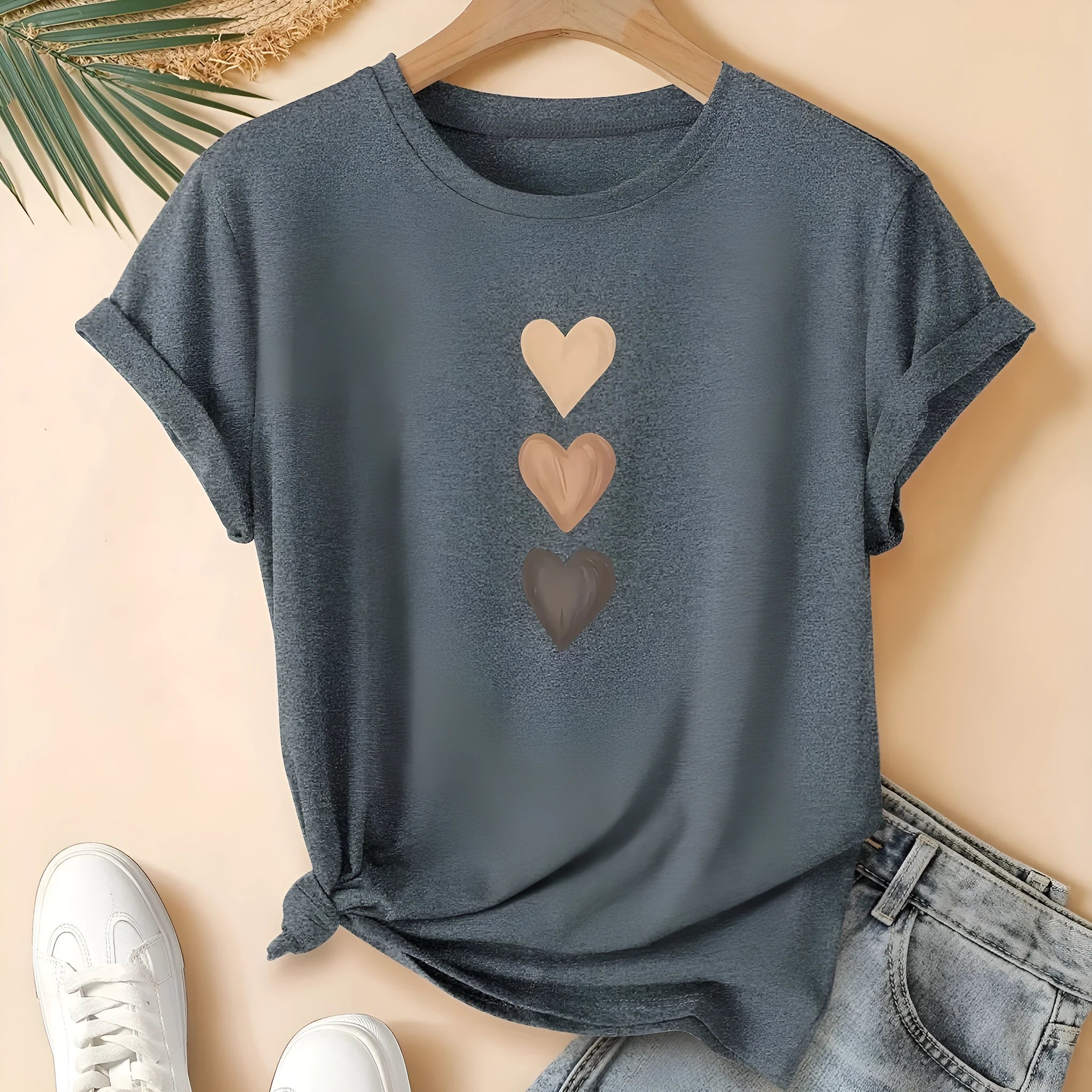 Women's three-heart printed pure cotton short sleeve T-shirt in art retro Chinese style