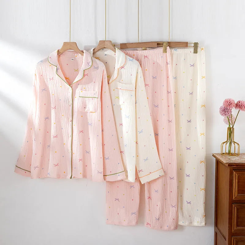 Women's long-sleeved cotton pyjama set in lightweight fabric available in pink or beige