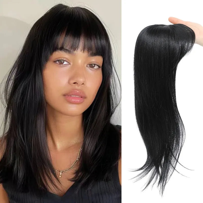 Synthetic hair clip-in wig extension with inner buckle attachment in one of six style variations.