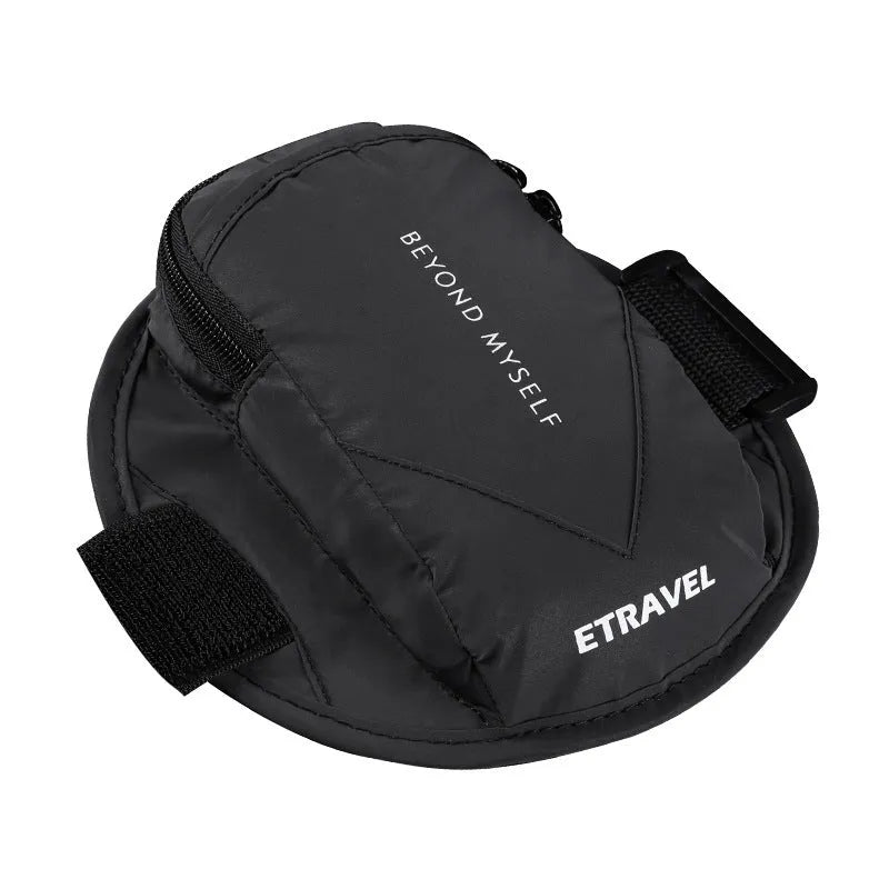 Reflective running arm bag with adjustable strap showing capacity for 7-inch phones