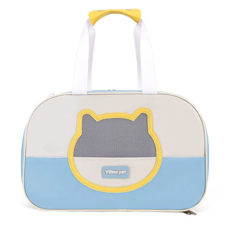 Outdoor portable foldable cat backpack in blue colour with breathable mesh panels
