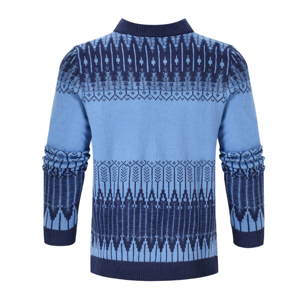 Men's grey cable-knit long sleeve pullover sweater on a hanger