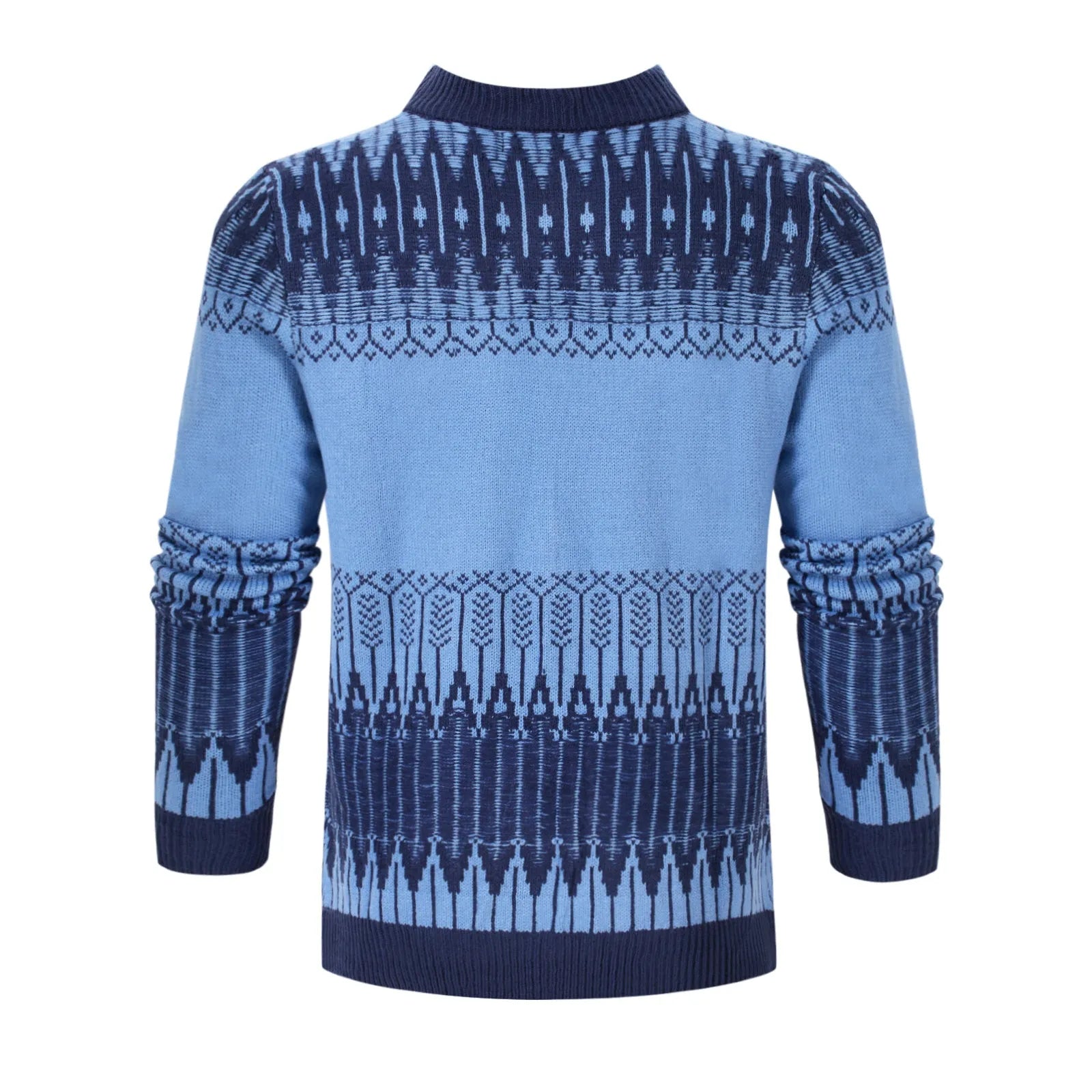 Men's grey cable-knit long sleeve pullover sweater on a hanger