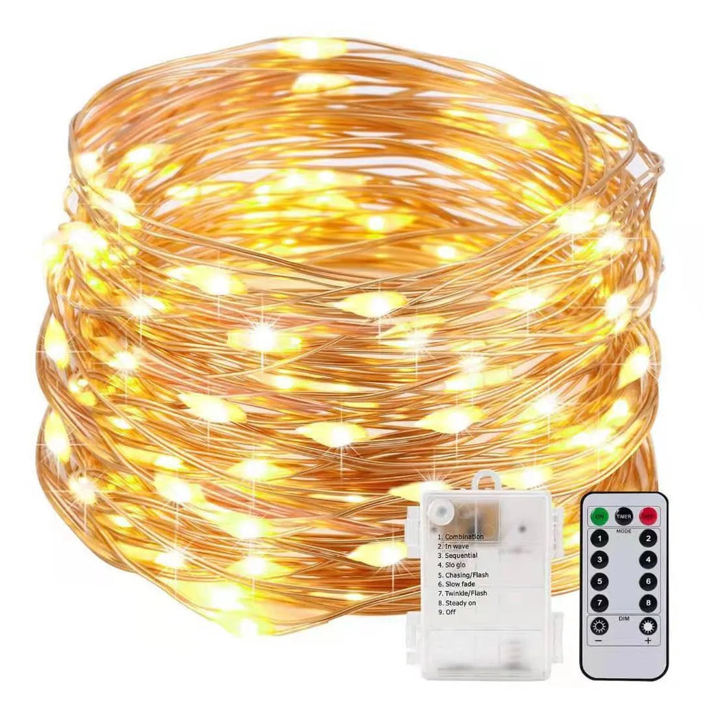 12 metre copper wire string light with battery box and 120 LED bulbs in multiple colour options