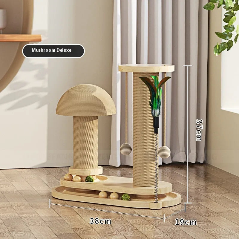 Solid wood cat scratching post with a central turntable, shown in a basic style big flower design