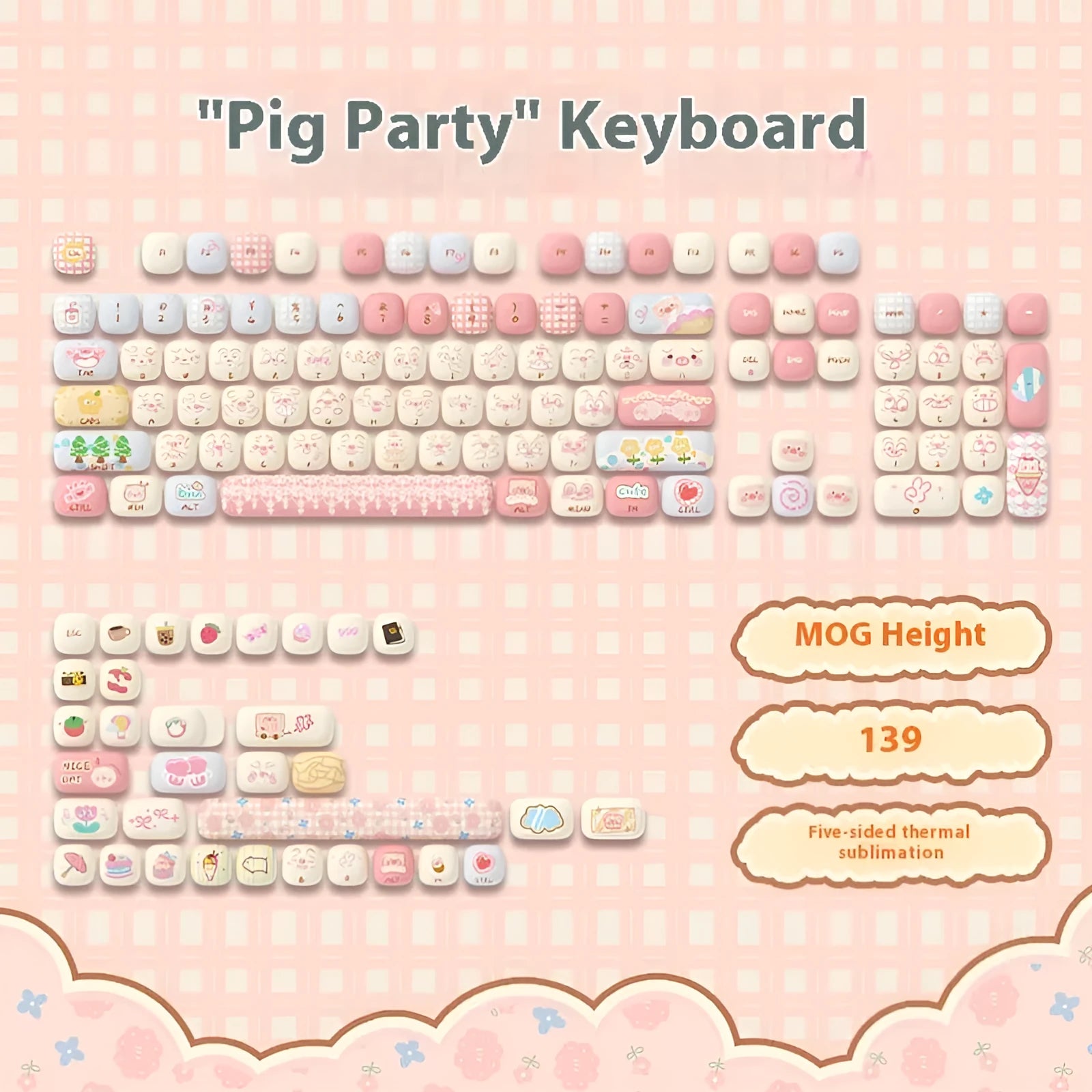 Sublimation printed PBT keycap set for mechanical keyboards showing cartoon pig and animal theme designs