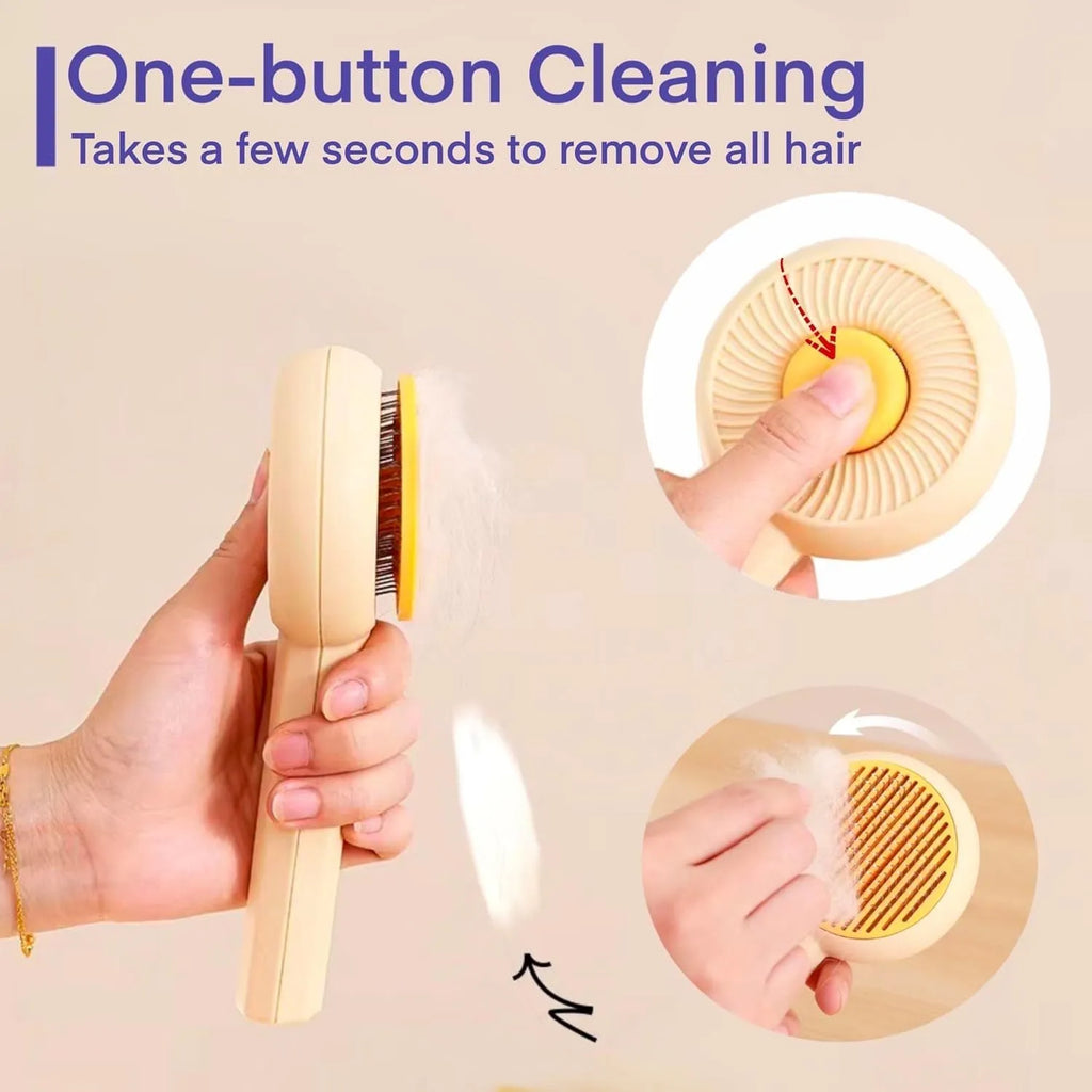 Blue pet grooming brush with self-cleaning button and angled metal bristles