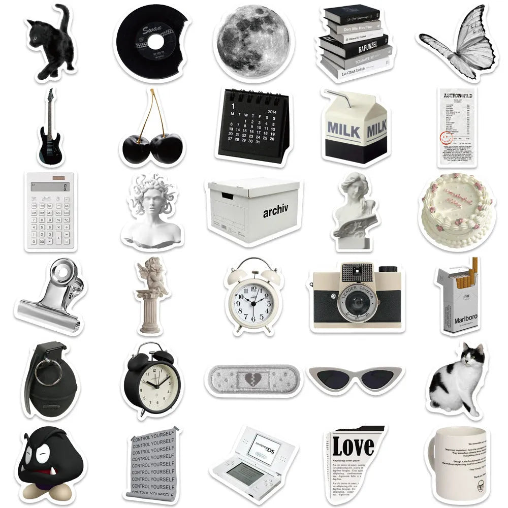 Assortment of 61 black and white waterproof PVC stickers for laptops, phones, and travel gear.