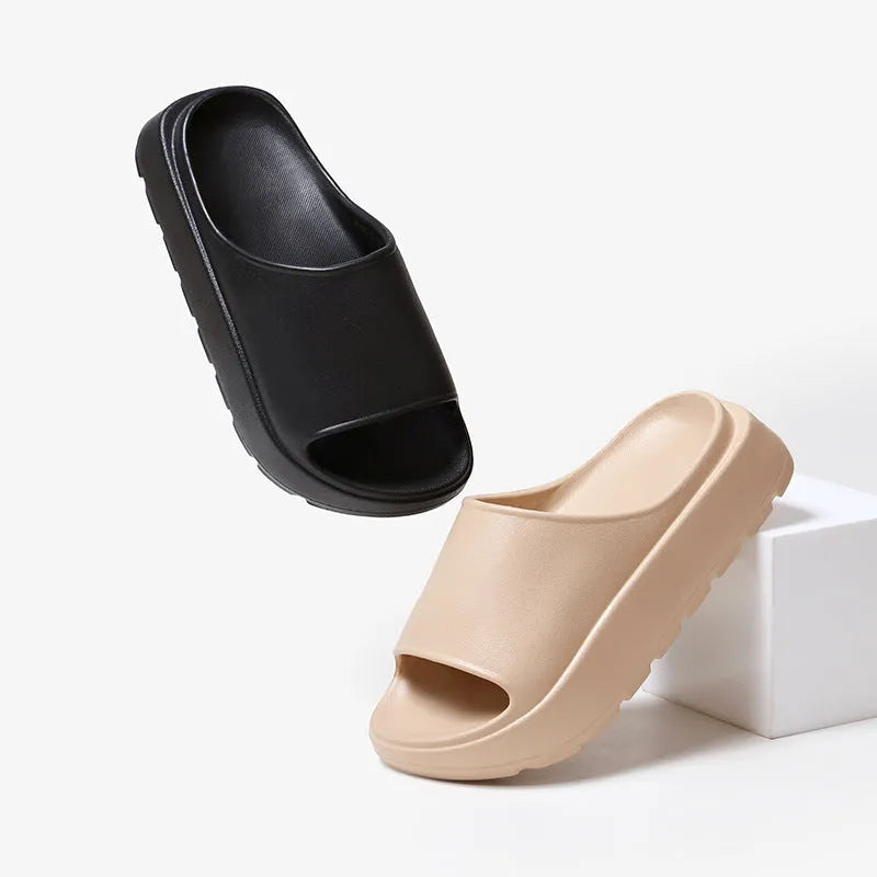 Women's beige fish mouth open-toe slippers with a thick 5.5cm light-coloured EVA sole.