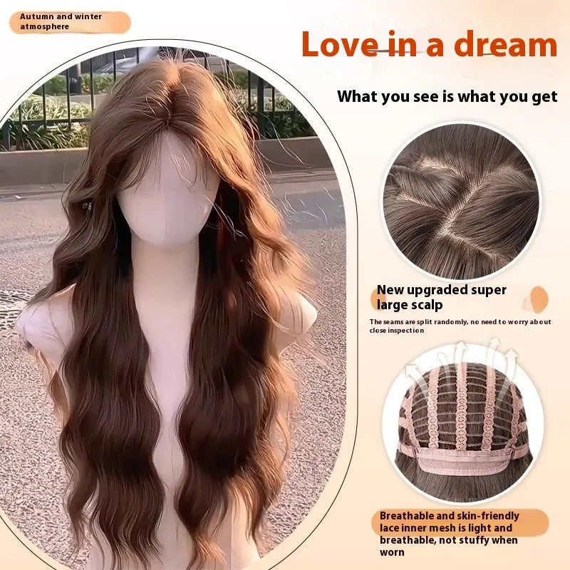 Full-head wig with long curly hair and side bangs in high temperature fibre material