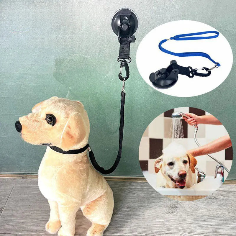 Set of four pet bathing suction cup handcuffs in black colour with traction ropes