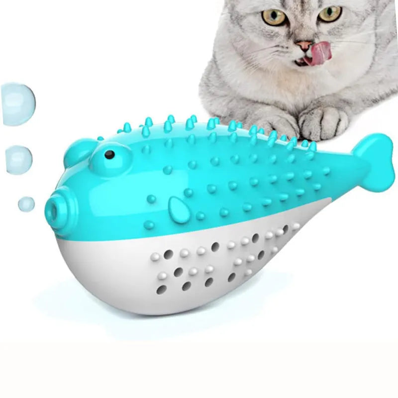Mint Toys blue silicone fish-shaped cat chew toy and teaser on a white background.