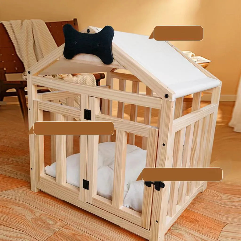 Indoor solid wood doghouse with removable washable cushion, dark brown finish, large size