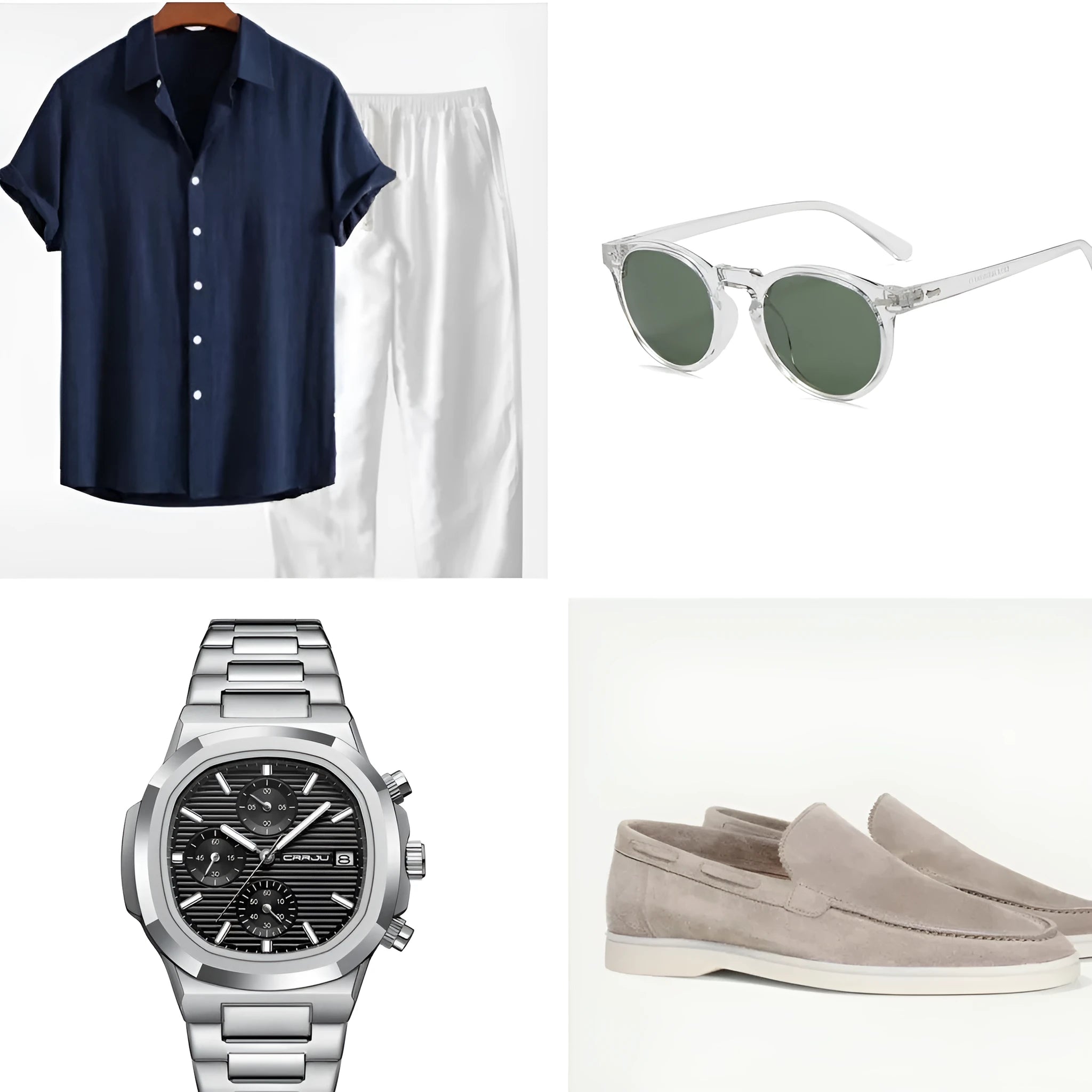 Men's casual cotton linen beachwear suit set with short sleeve shirt, shorts, glasses, shoes and watch