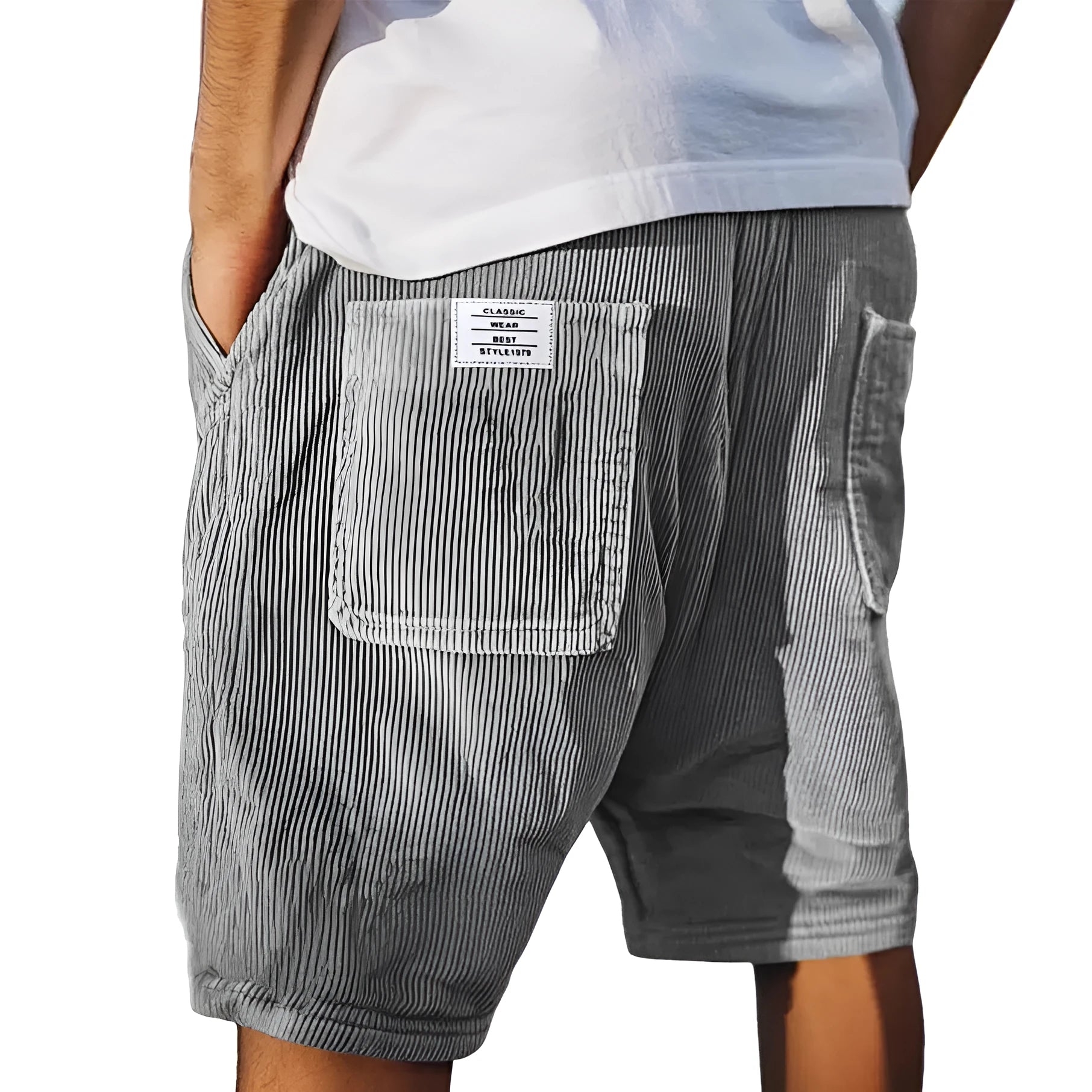 Men's grey corduroy shorts with multiple pockets and straight-leg cut on a neutral background.