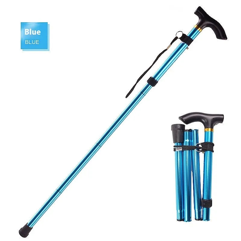 Aluminium folding walking stick extended to show adjustable height and rubber tip