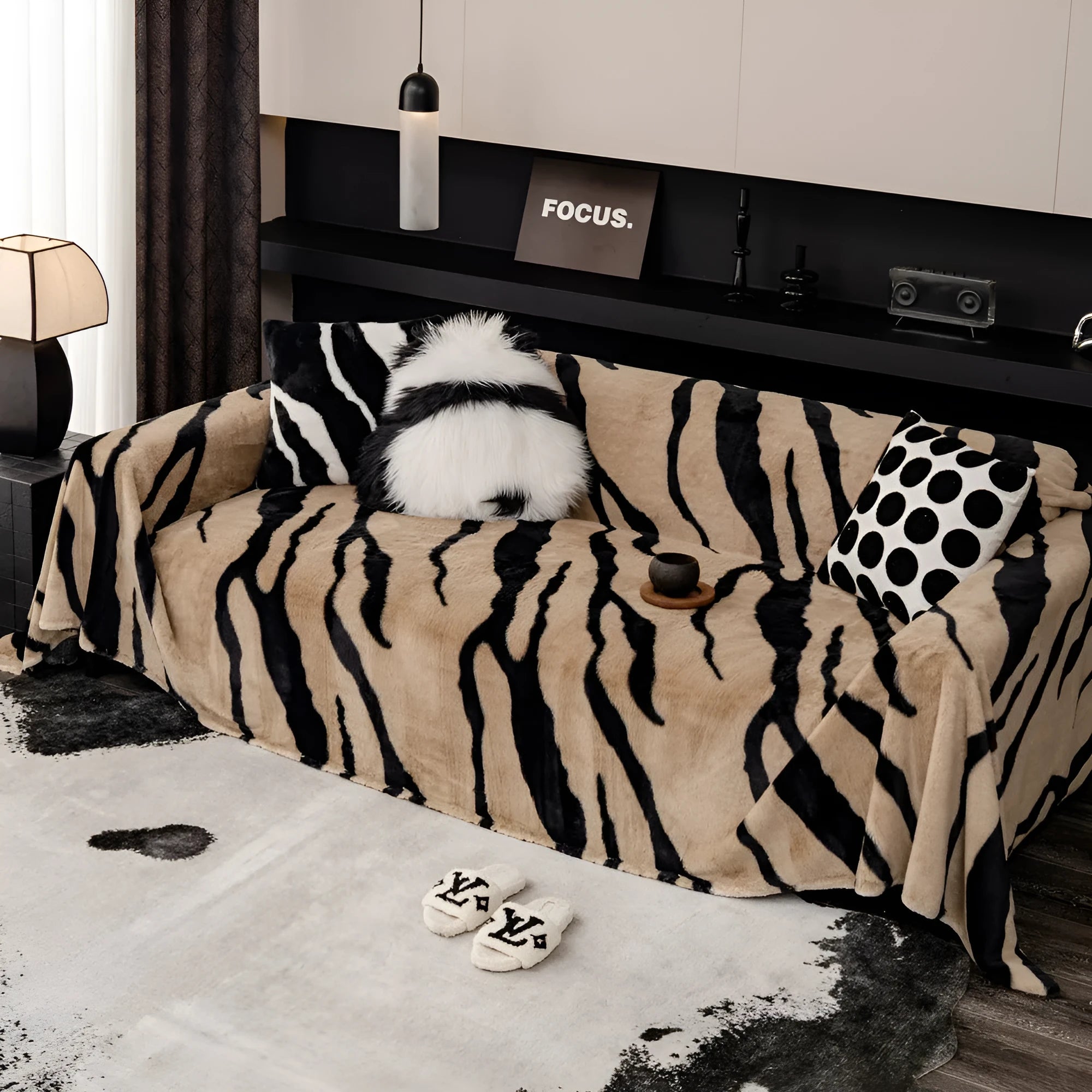 Zebra pattern flannel sofa cover on furniture in caramel colour with matching pillowcase