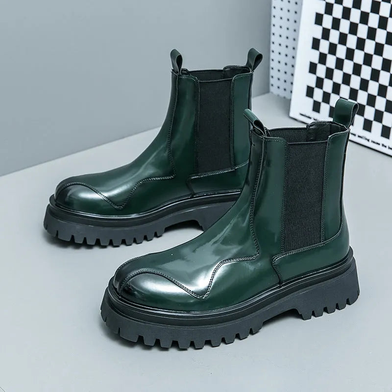 Men's glossy patent leather ankle boots with low square heel and sewing thread detail, black colour
