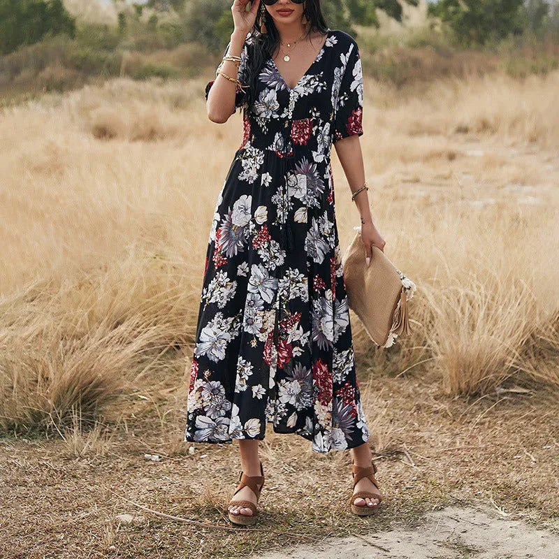 Women's floral print summer dress with V-neck and elastic waist in yellow, black or blue