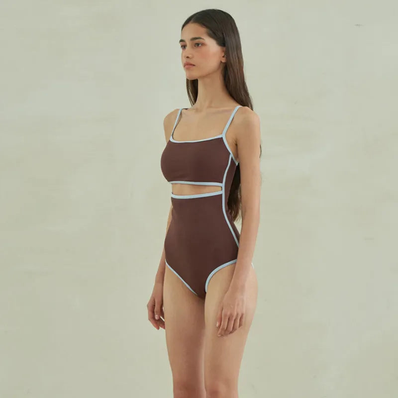 Brown triangle one-piece swimsuit for women with sexy pattern design
