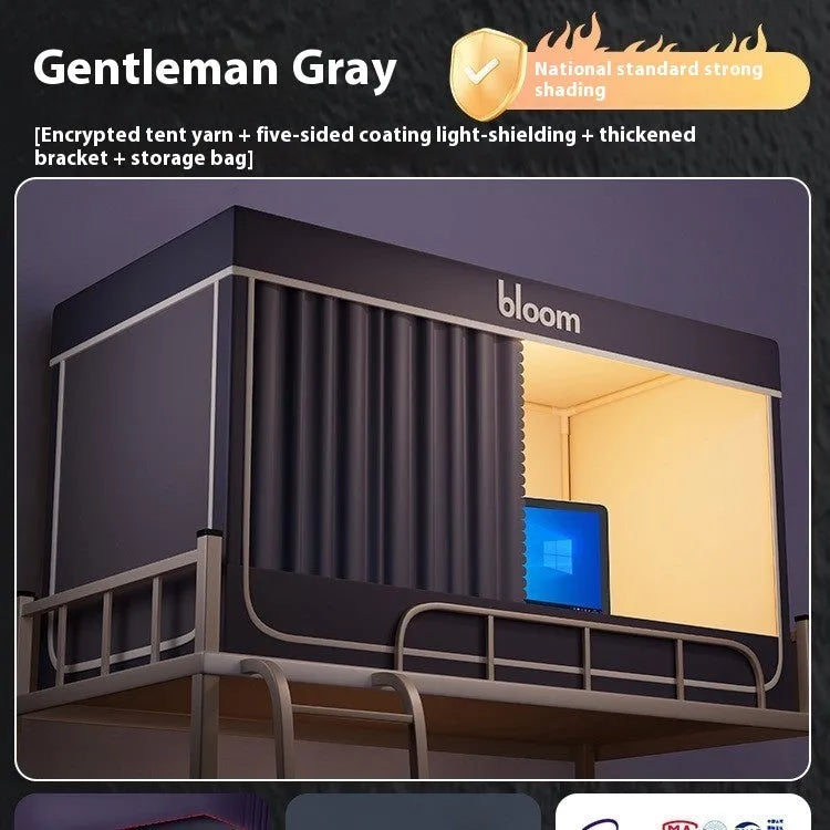 Grey polyester bed curtains with integrated mosquito net for single bed with three door access