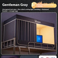 Grey polyester bed curtains with integrated mosquito net for single bed with three door access