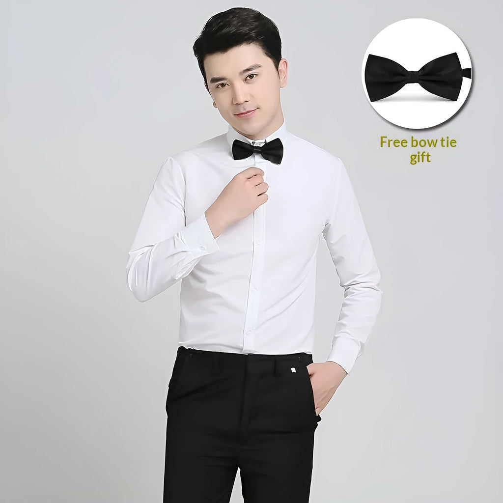 Women's plus size long sleeve performance shirt with bow tie in fleece-lined acrylic, slim fit Korean style