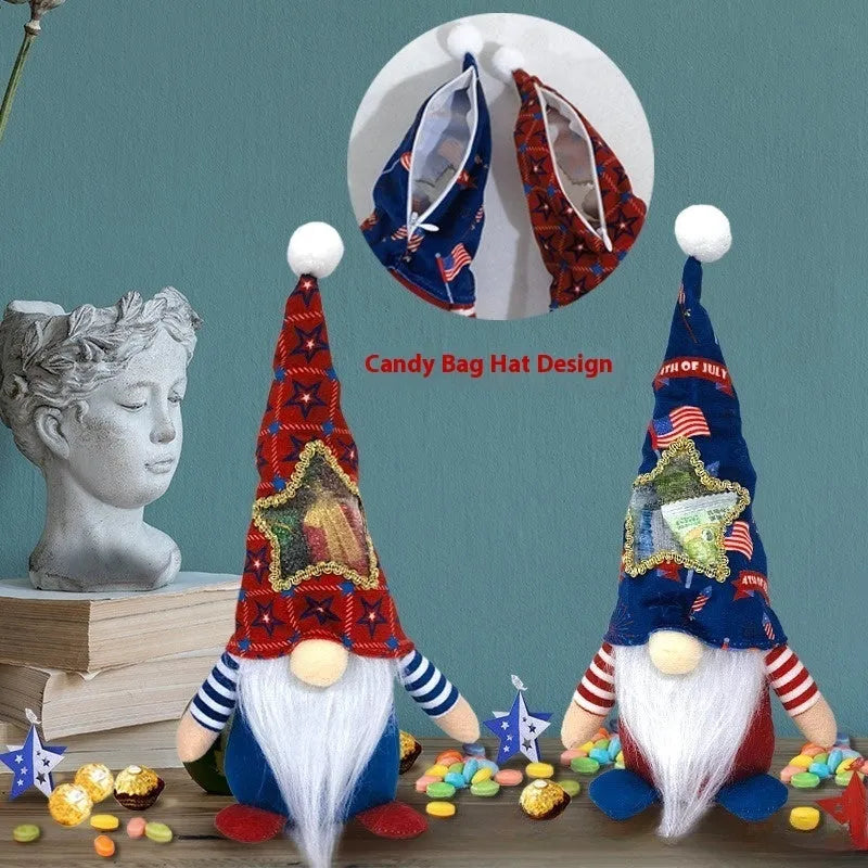 Two faceless Rudolf baby doll cloth Christmas ornaments in red and white suit style.