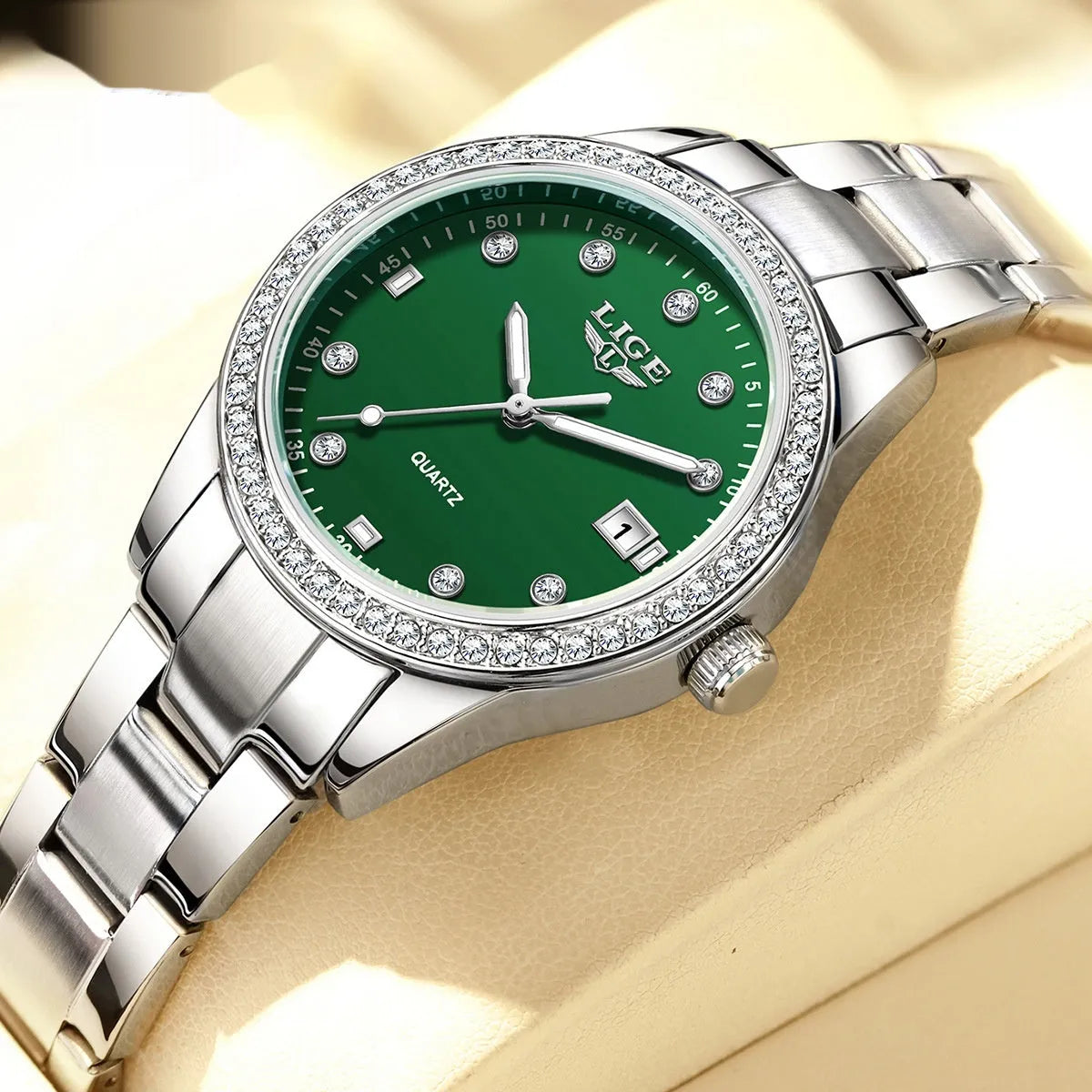 Women's fashion quartz watch with diamond-encrusted dial and luminous hands in stainless steel case