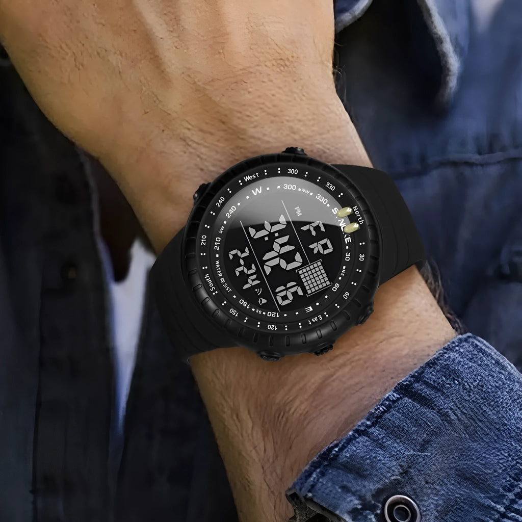 Black waterproof electronic sports watch for men with large plastic case and PU strap.