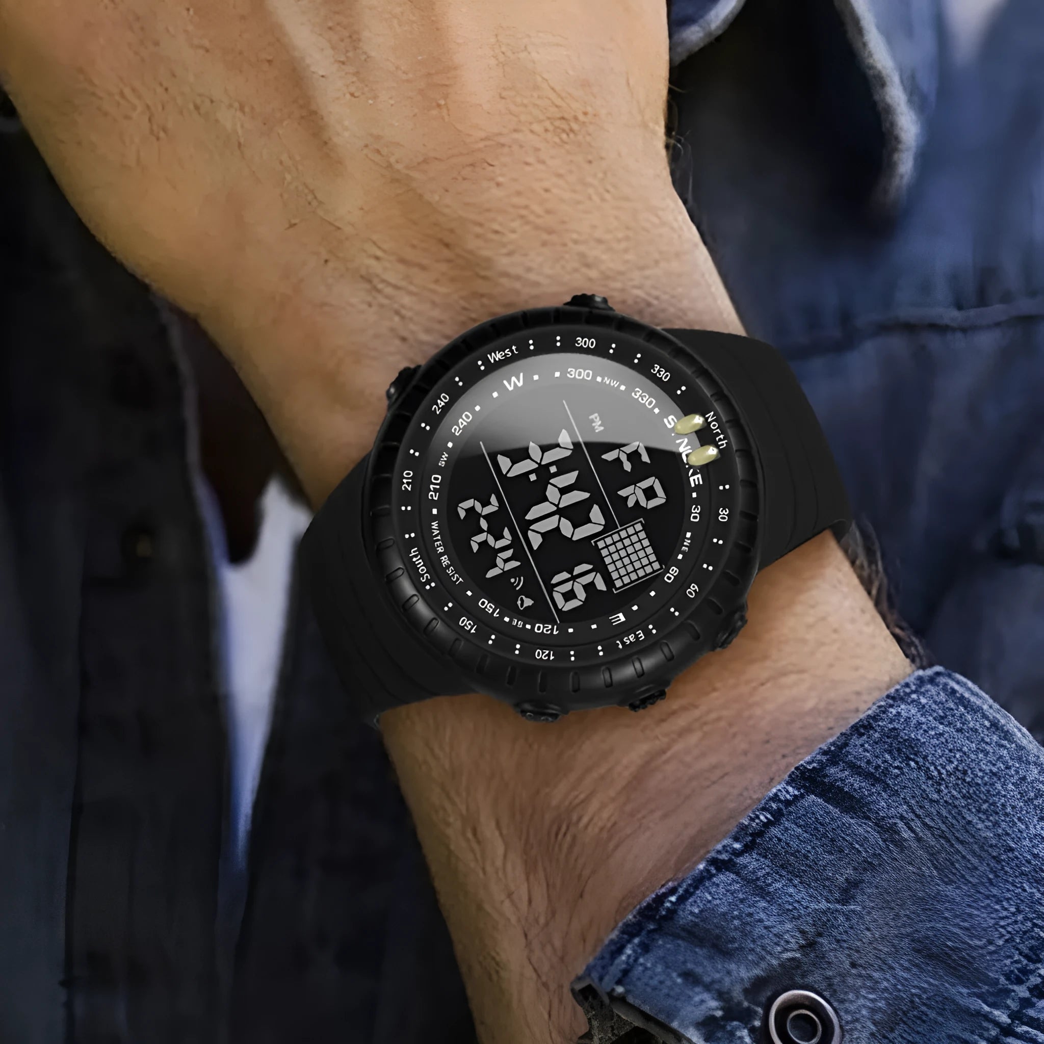 Black waterproof electronic sports watch for men with large plastic case and PU strap.