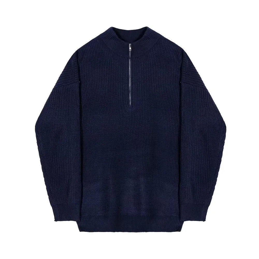 Men's loose fit half zip cardigan sweater in black, polyester blend, long sleeve
