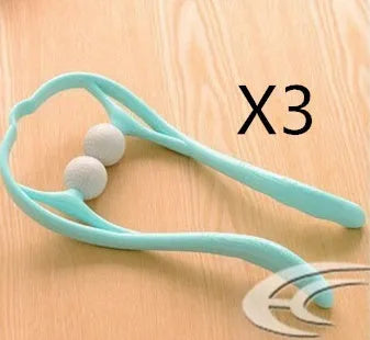 Blue plastic neck massager with hand roller and bracket for pressure point therapy on neck and shoulders