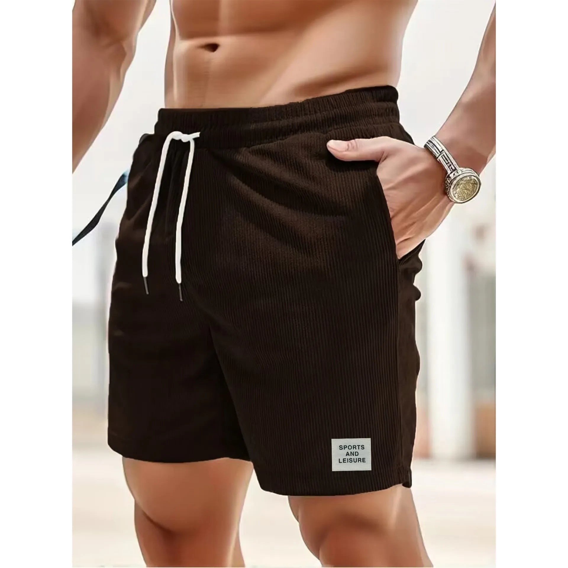 Summer pure colour tie-waist corduroy sports running pants for men and women in breathable polyester fibre