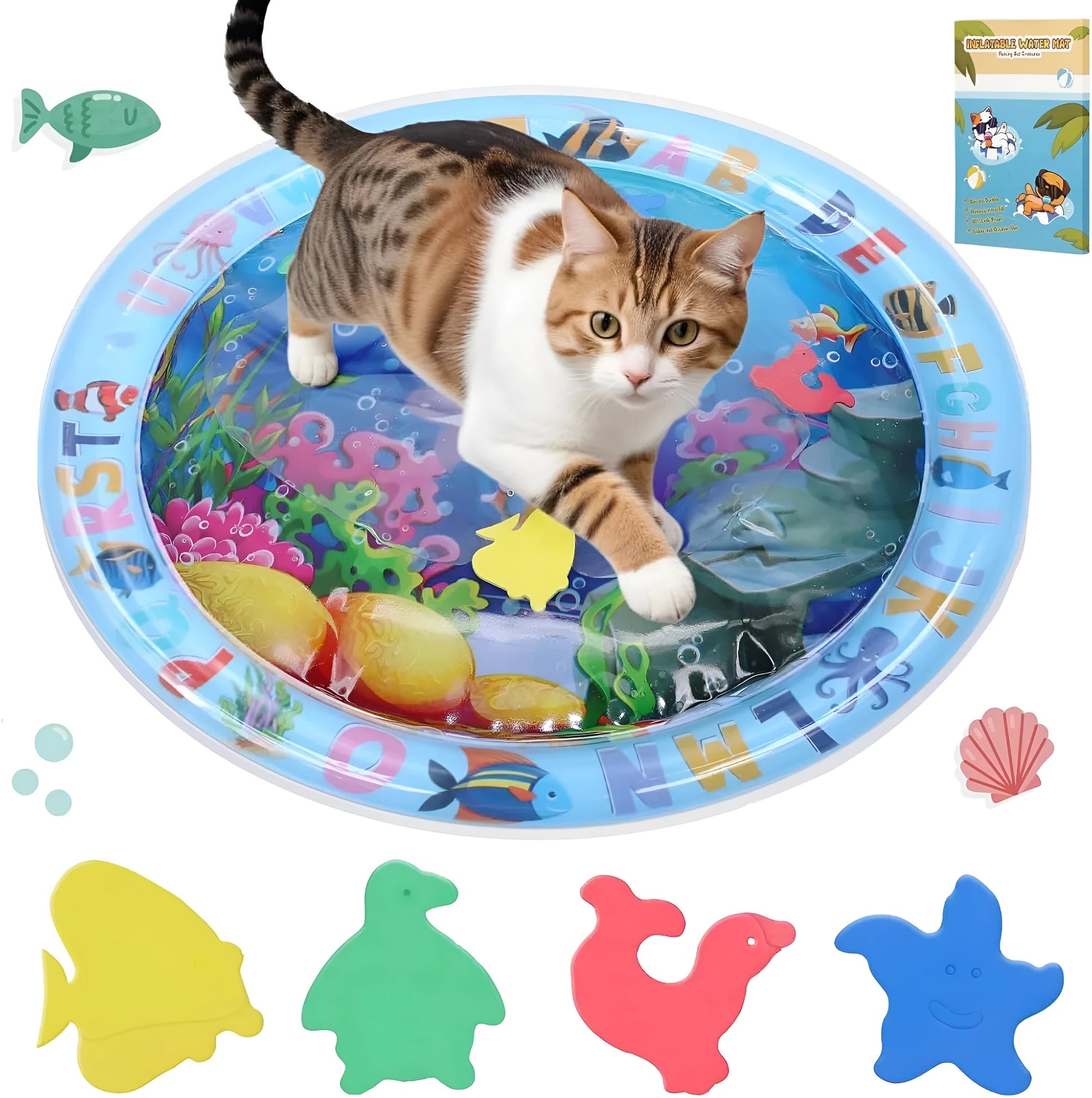 Square blue water sensory playmat for cats and dogs with floating fish toys inside, on a home floor.