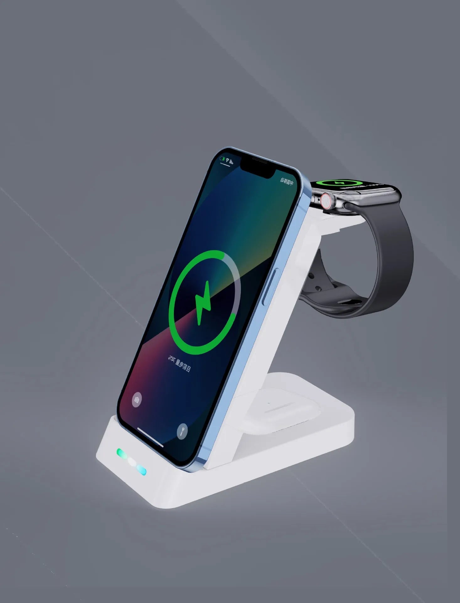 Black 3-in-1 wireless charging station with phone on stand, smartwatch docked, and earbuds charging.