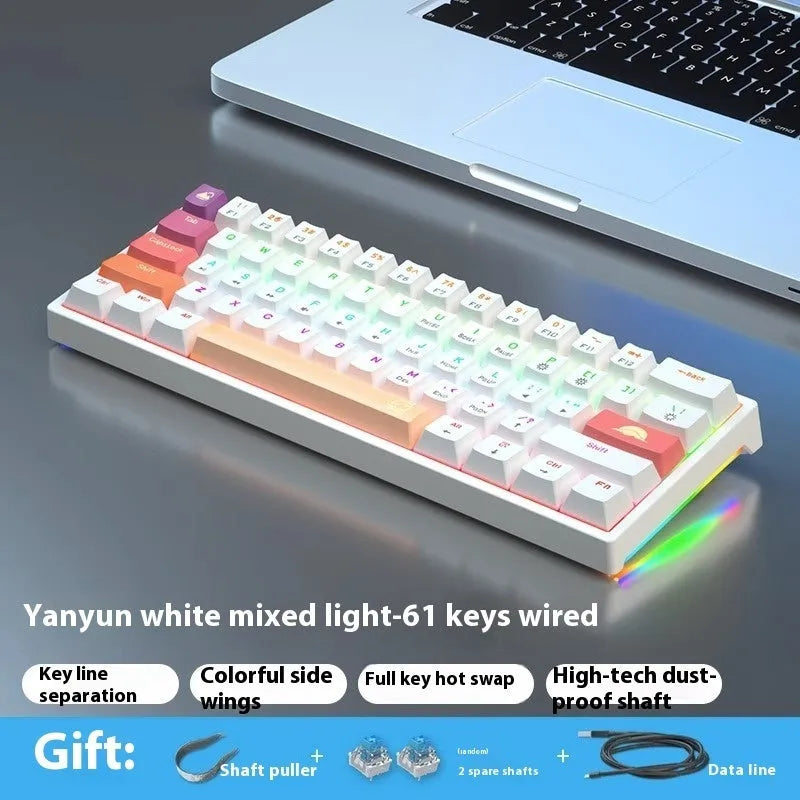 Bluish-black 61-key mechanical keyboard with wired USB cable on desktop