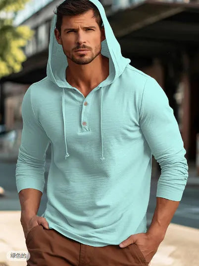 Men's cotton hooded sweatshirt in dark blue with pullover design and long sleeves