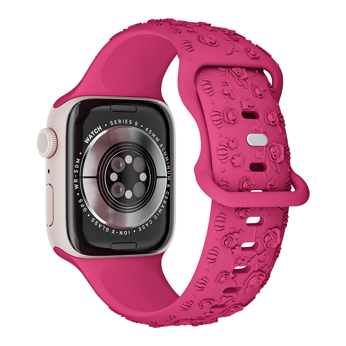 Embossed rose silicone watch strap for Apple Watch 38/40/41mm and 42/44/45mm in multiple colours