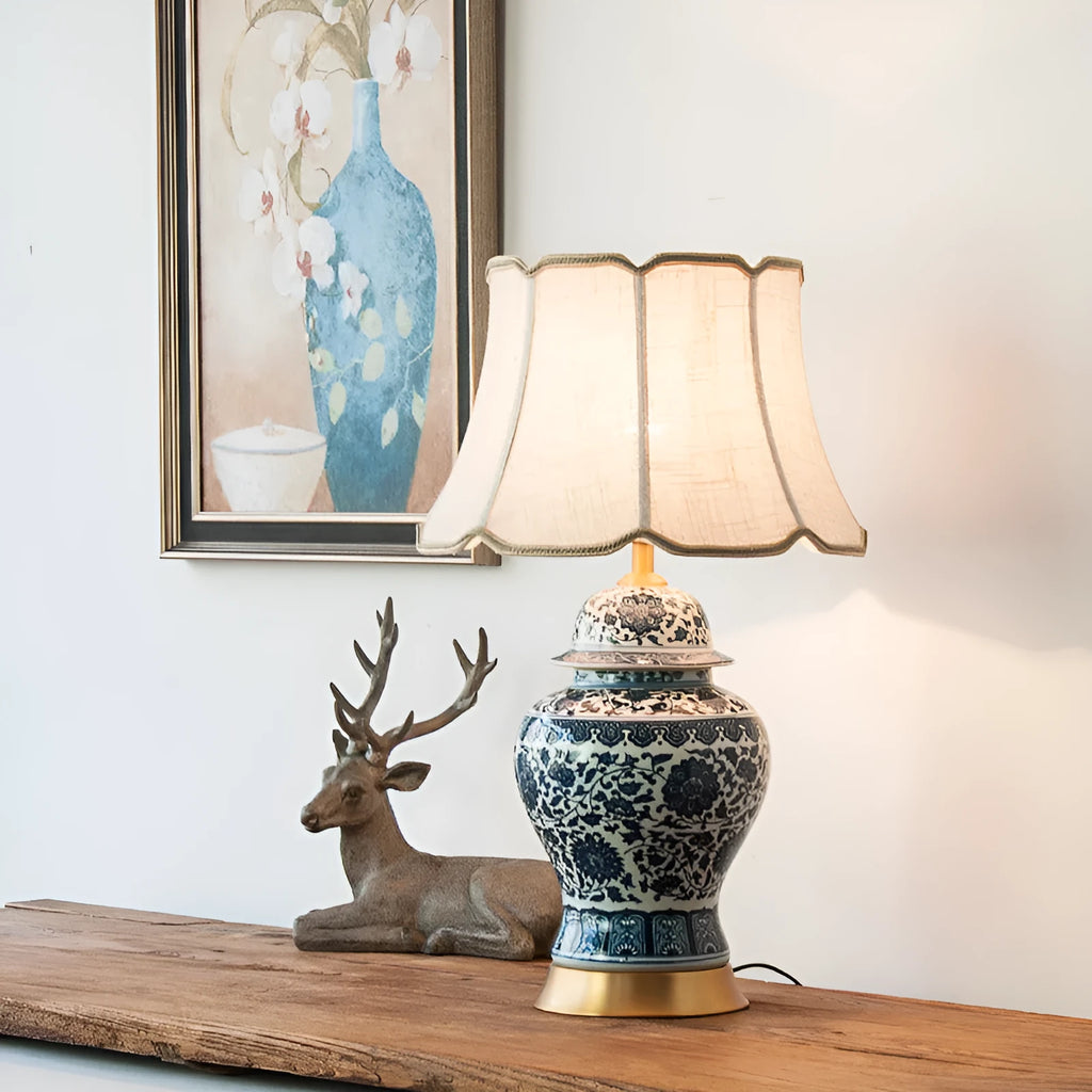 Chinese blue and white porcelain table lamp with handmade ceramic shade and cloth cover