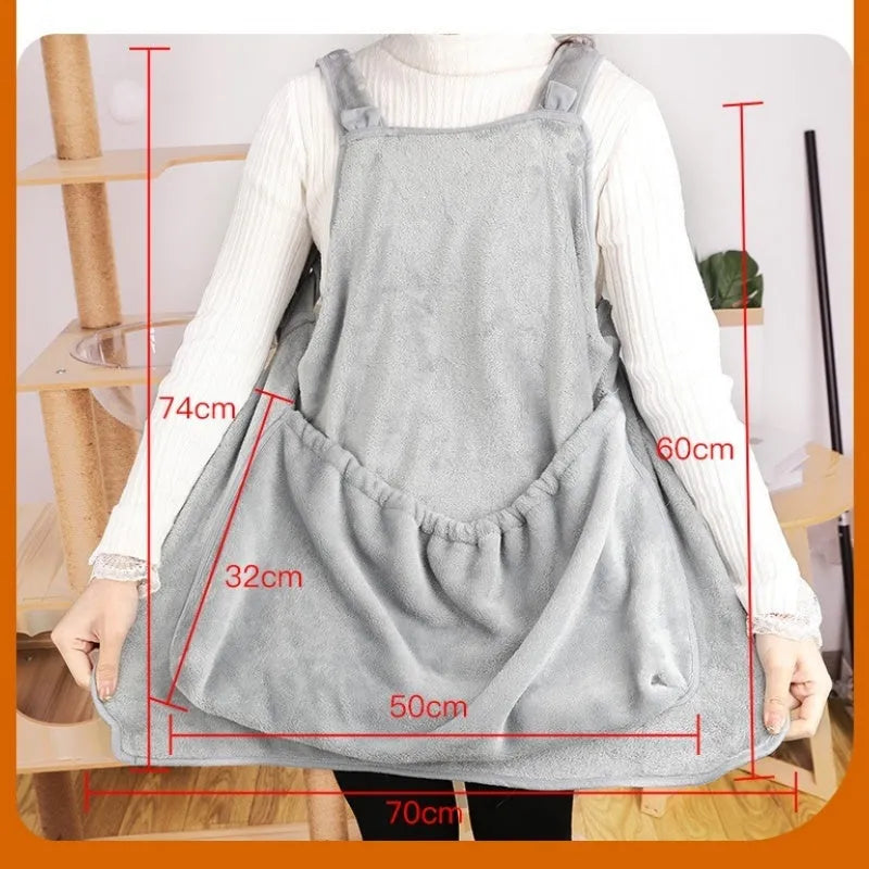 Plush pet carrier apron in beige with adjustable neck strap for small cats and dogs
